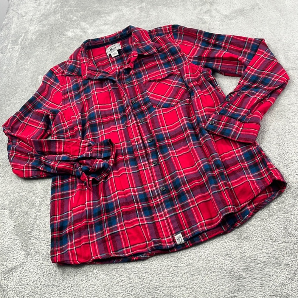 Bass M 100% Cotton Red Blue Plaid Flannel Midweight Shirt Jacket Shacket
